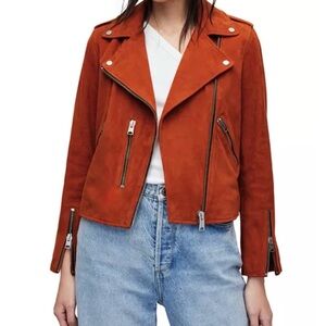 ALLSAINTS Fern Suede Biker Jacket Mandarin Orange Moto Sz S Like New